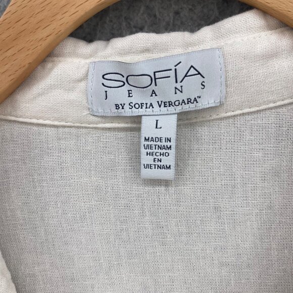 Sofia Vergara Top Womens Large Ivory Linen Blend Button Up Tie Crop Long Sleeve - Picture 5 of 10
